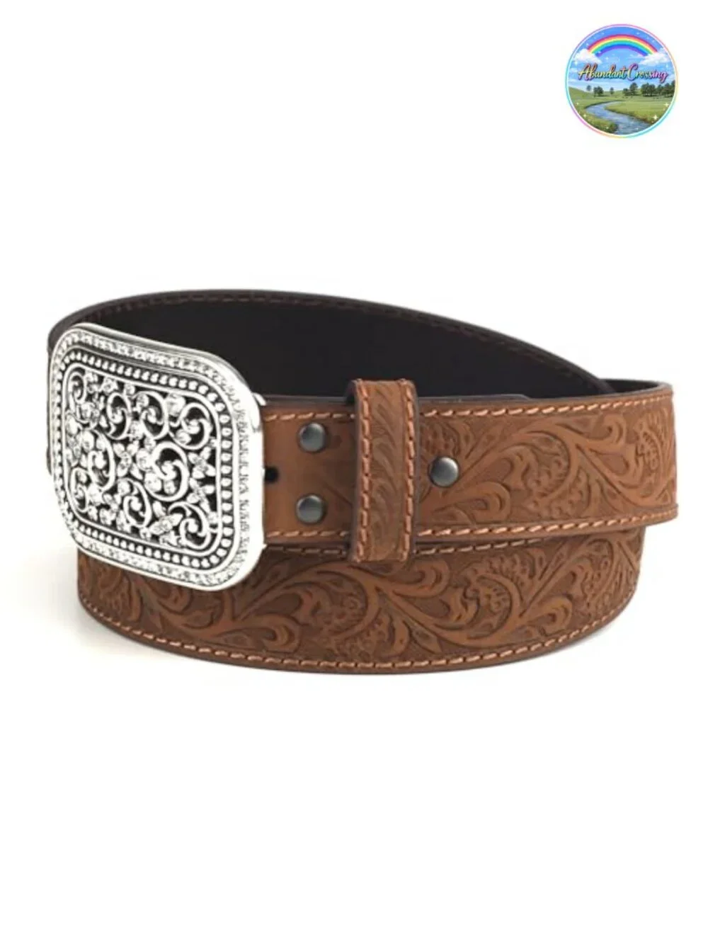 Women's Rhinestones Embossed Leather Belt Crystal Rectangle Buckle